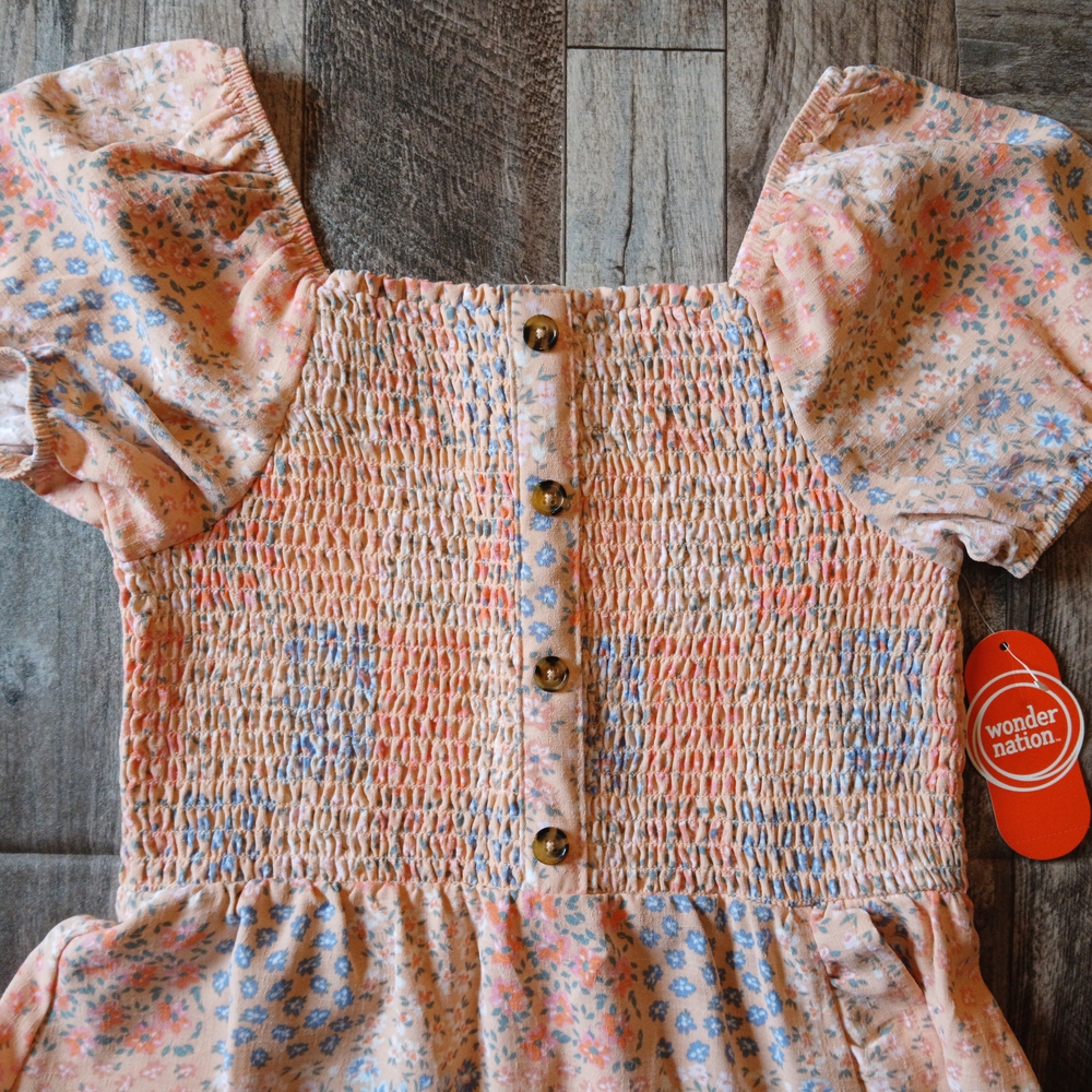 Wonder Nation Peach Floral Puff Sleeve Dress Size L (10-12)